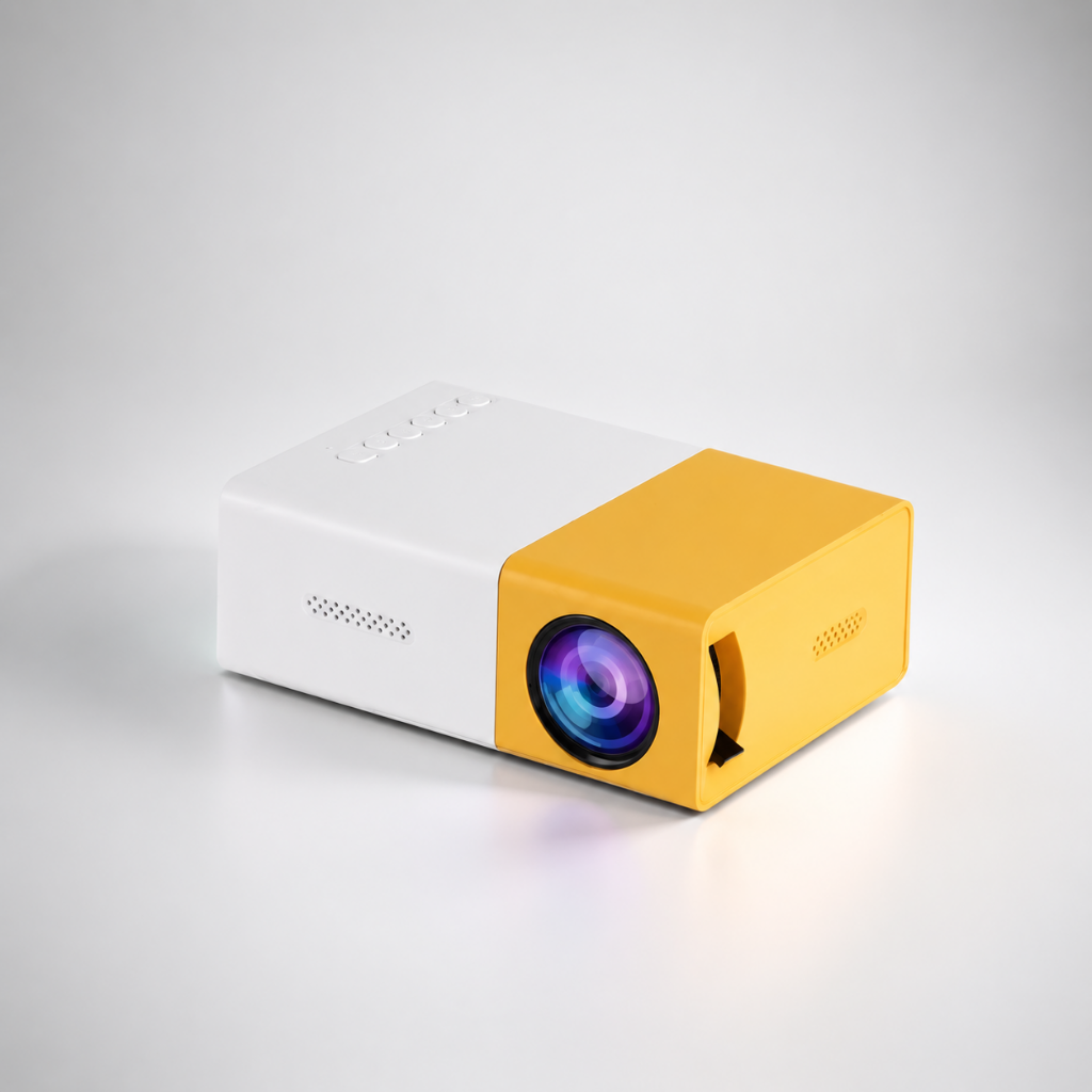 Portable mini projector featuring a 1080p LED display, designed for home entertainment, showcasing its compact and battery-powered design for easy portability. 0