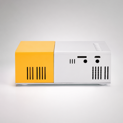 Portable mini projector featuring a 1080p LED display, designed for home entertainment, showcasing its compact and battery-powered design for easy portability. 1