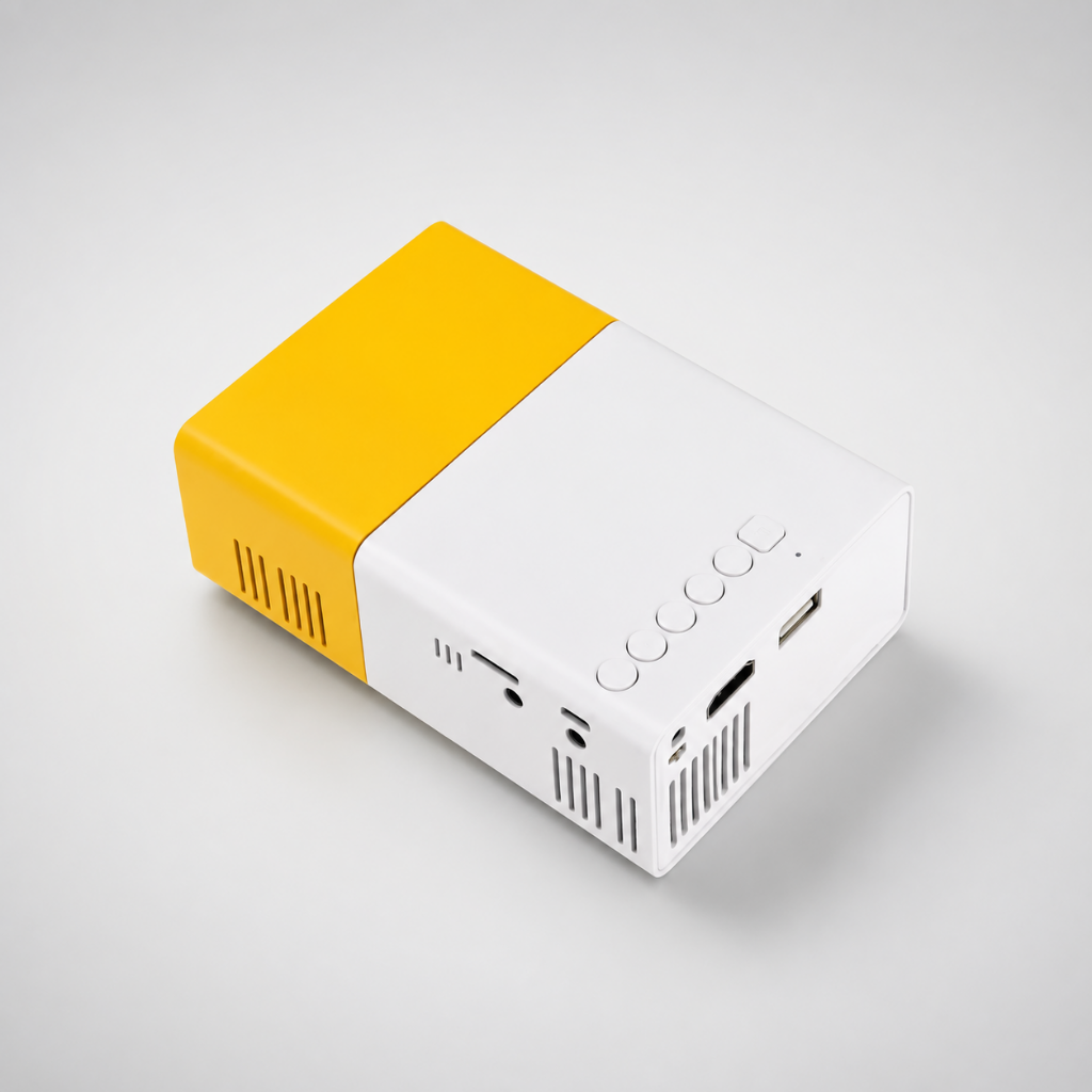 Portable mini projector featuring a 1080p LED display, designed for home entertainment, showcasing its compact and battery-powered design for easy portability. 2