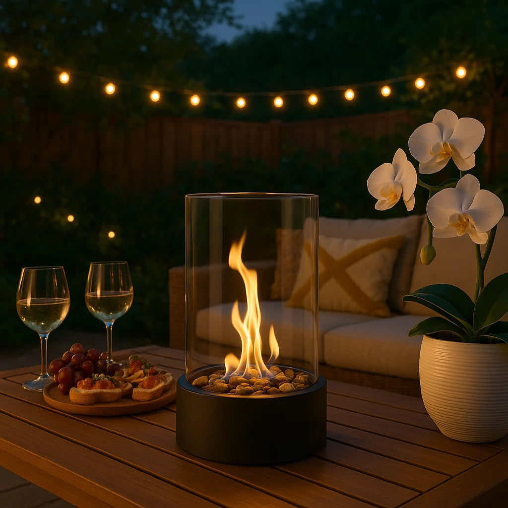 Portable tabletop fireplace featuring a sleek design with a bioethanol burner and glass panels, perfect for modern indoor settings. 0