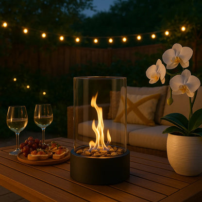 Portable tabletop fireplace featuring a sleek design with a bioethanol burner and glass panels, perfect for modern indoor settings. 0