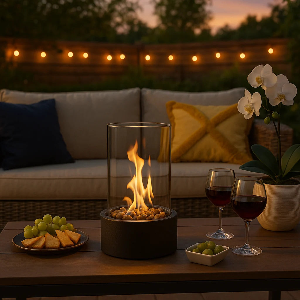 Portable tabletop fireplace featuring a sleek design with a bioethanol burner and glass panels, perfect for modern indoor settings. 1