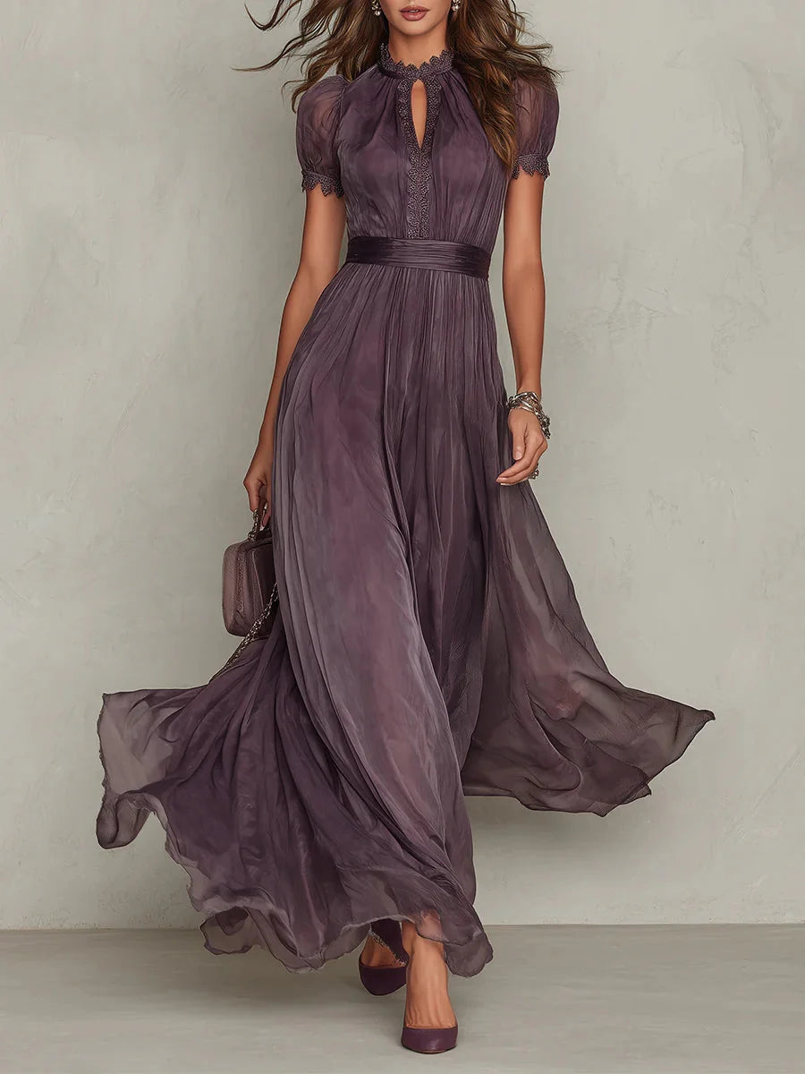 Purple maxi dress featuring a stylish cutout neck and elegant lace sleeves, perfect for formal evening events. 0