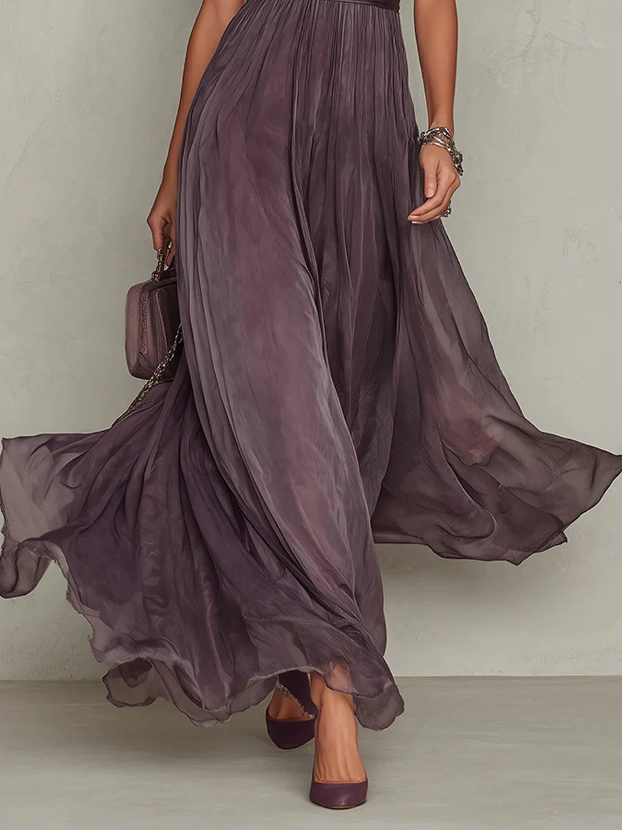 Purple maxi dress featuring a stylish cutout neck and elegant lace sleeves, perfect for formal evening events. 4