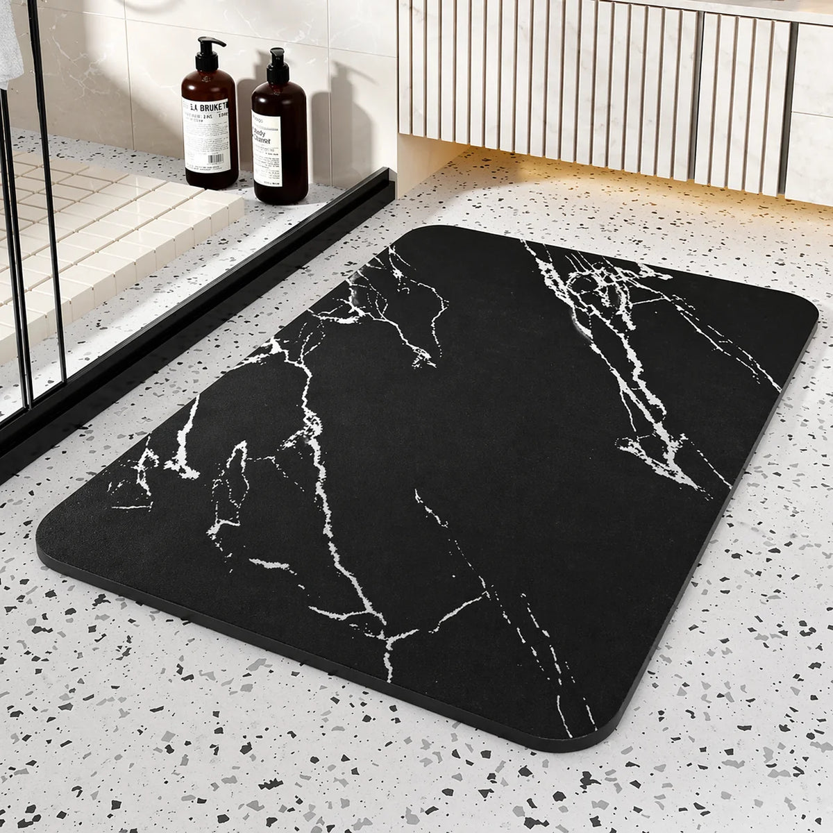 Quick Dry Bathroom Mat featuring a stylish Diatom Stone Marble Design and a Non-Slip Rubber Base for enhanced safety and comfort. 0