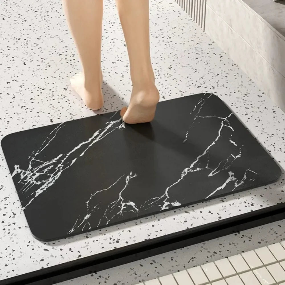 Quick Dry Bathroom Mat featuring a stylish Diatom Stone Marble Design and a Non-Slip Rubber Base for enhanced safety and comfort. 1