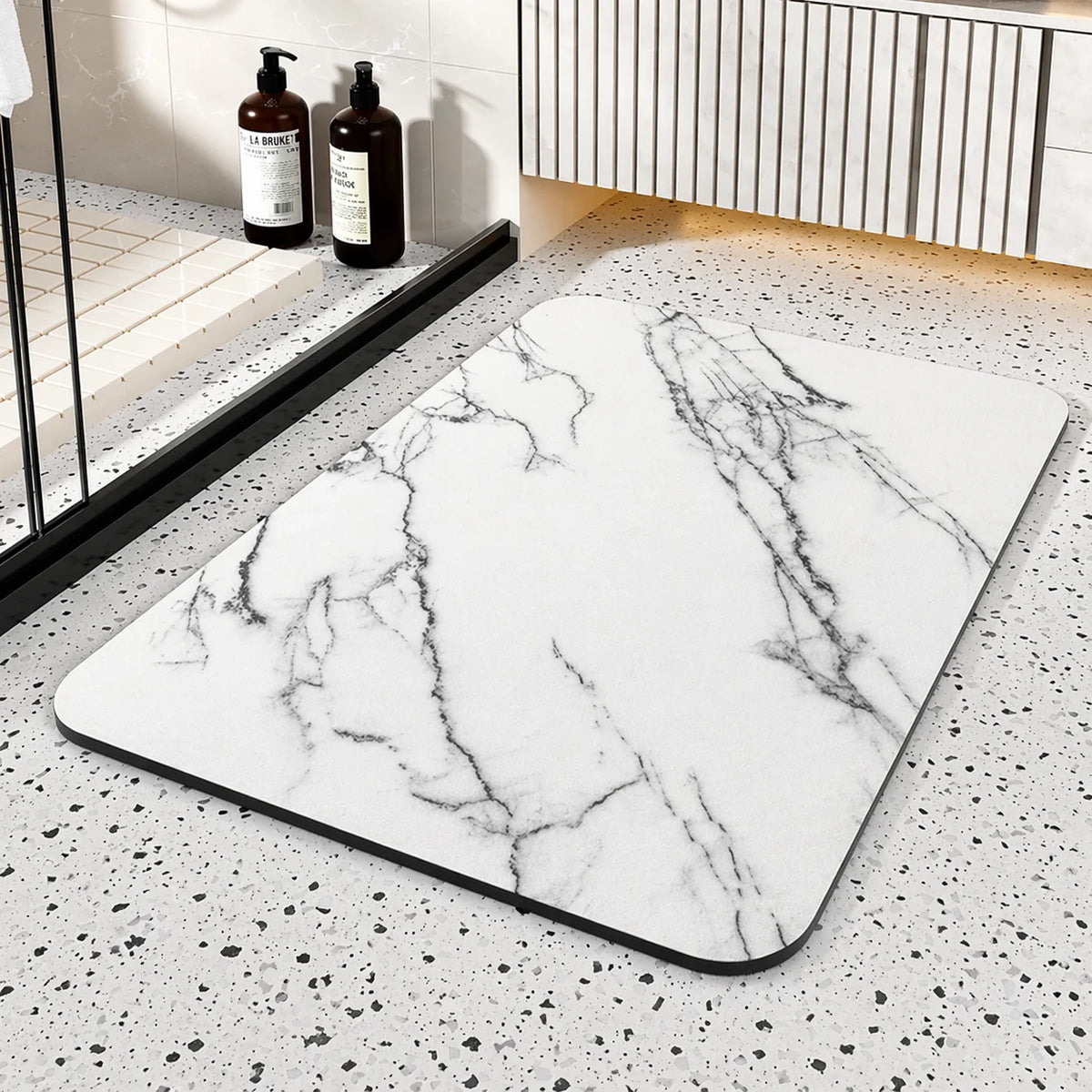 Quick Dry Bathroom Mat featuring a stylish Diatom Stone Marble Design and a Non-Slip Rubber Base for enhanced safety and comfort. 4