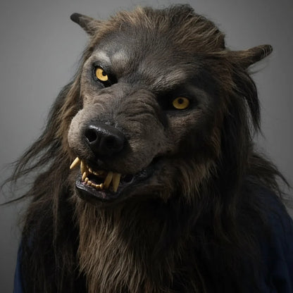 Realistic werewolf mask for Halloween costume featuring a full-face horror design, detailed fur texture, and visible fangs for a terrifying look. 0