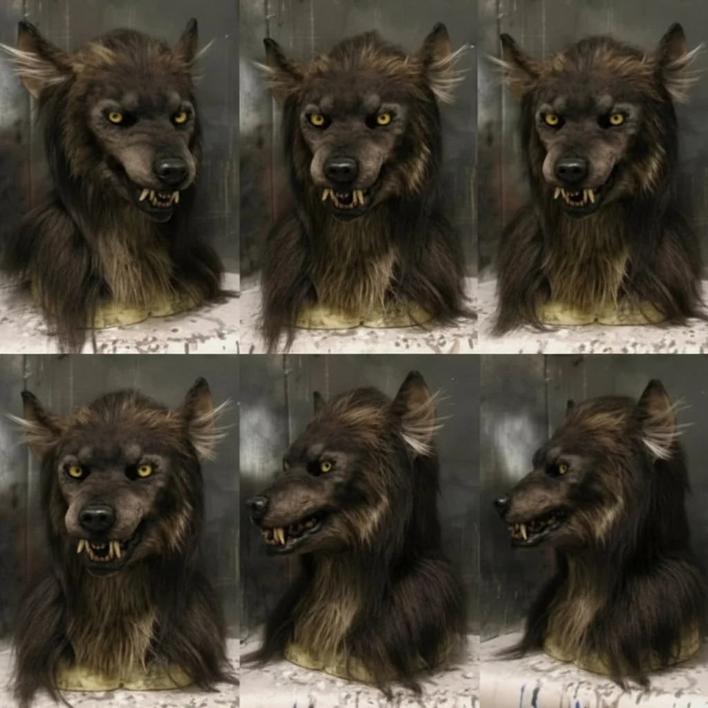 Realistic werewolf mask for Halloween costume featuring a full-face horror design, detailed fur texture, and visible fangs for a terrifying look. 1
