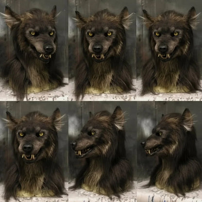 Realistic werewolf mask for Halloween costume featuring a full-face horror design, detailed fur texture, and visible fangs for a terrifying look. 1