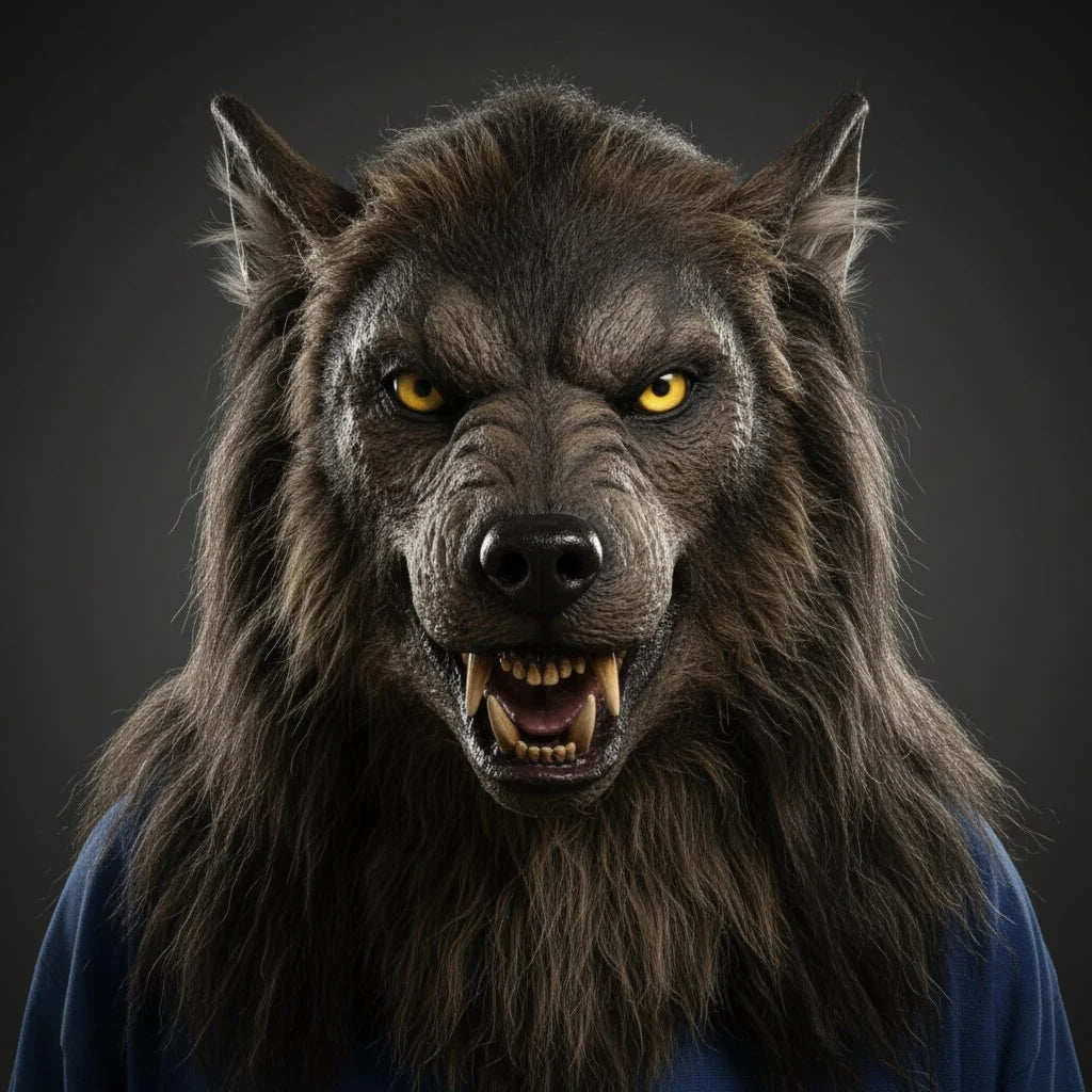 Realistic werewolf mask for Halloween costume featuring a full-face horror design, detailed fur texture, and visible fangs for a terrifying look. 2
