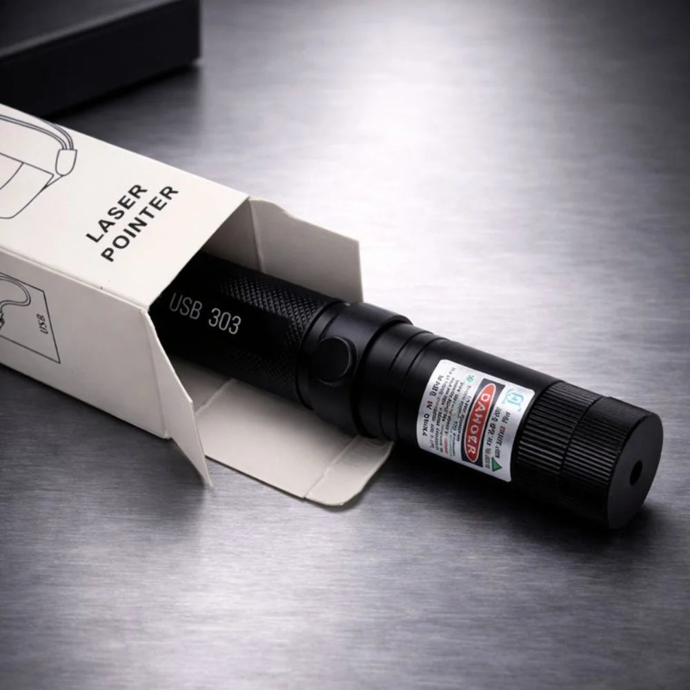 Rechargeable laser pointer featuring adjustable focus and a safety lock, designed for long-range use and USB rechargeable for convenience. 1