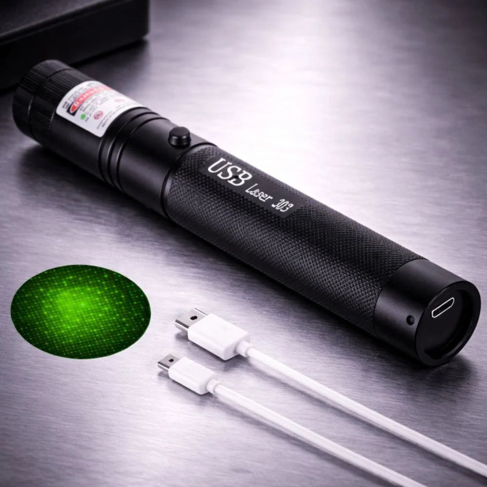 Rechargeable laser pointer featuring adjustable focus and a safety lock, designed for long-range use and USB rechargeable for convenience. 3