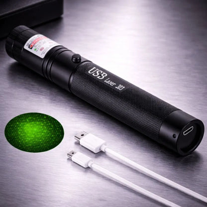 Rechargeable laser pointer featuring adjustable focus and a safety lock, designed for long-range use and USB rechargeable for convenience. 3