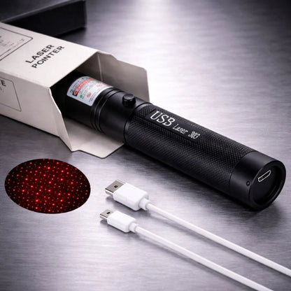 Rechargeable laser pointer featuring adjustable focus and a safety lock, designed for long-range use and USB rechargeable for convenience. 5