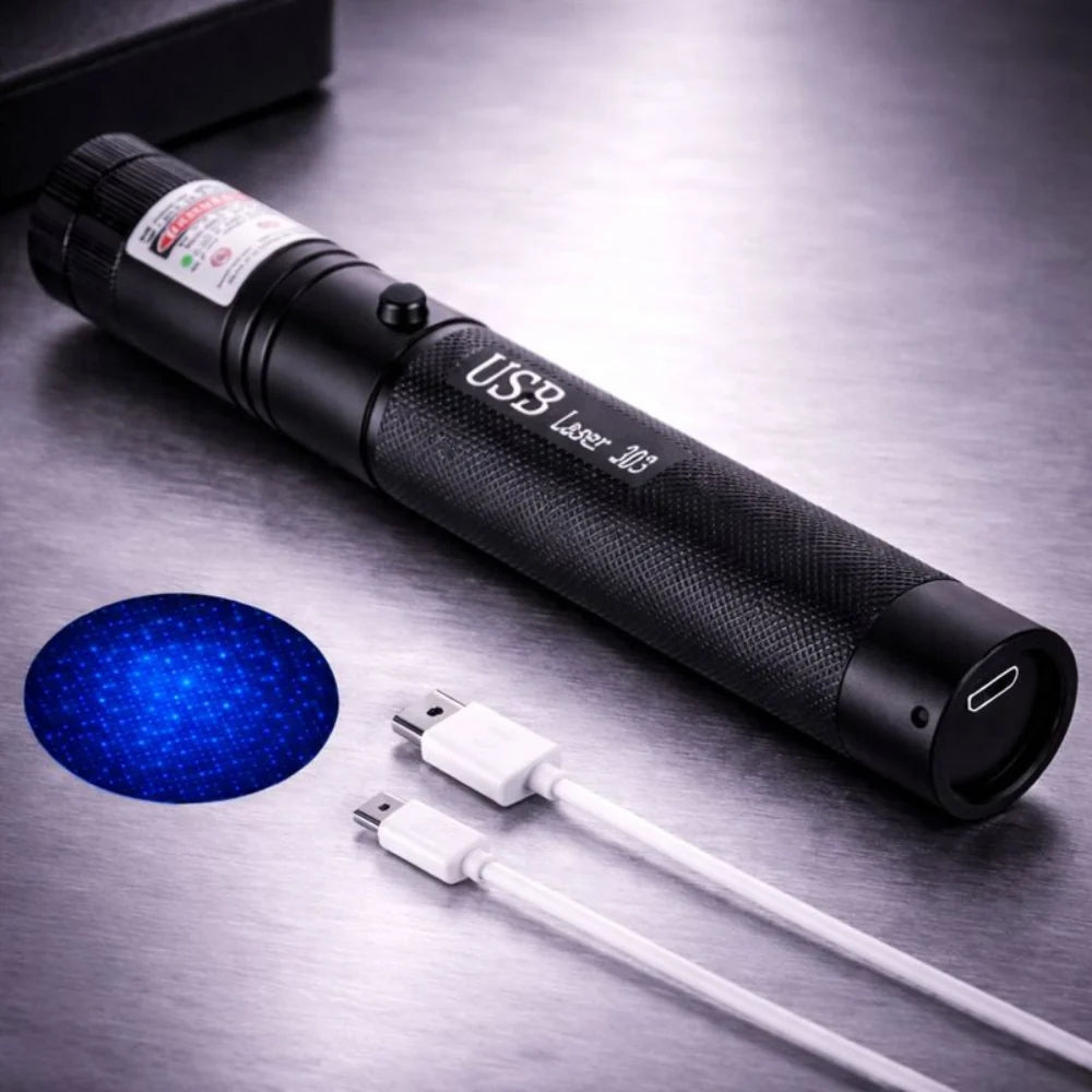 Rechargeable laser pointer featuring adjustable focus and a safety lock, designed for long-range use and USB rechargeable for convenience. 7