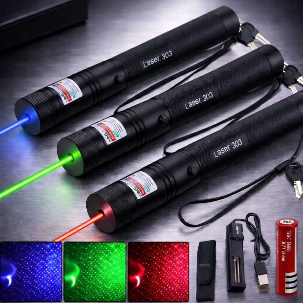 Rechargeable laser pointer featuring adjustable focus and a safety lock, designed for long-range use and USB rechargeable for convenience. 8