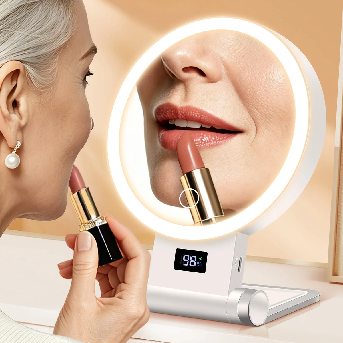 Rechargeable makeup mirror in white plastic featuring adjustable LED light and dual magnification options of 1X and 30X, perfect for detailed grooming and 0
