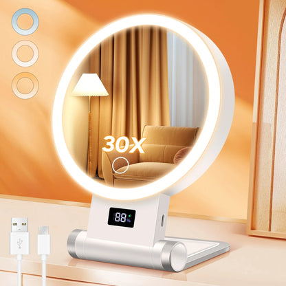 Rechargeable makeup mirror in white plastic featuring adjustable LED light and dual magnification options of 1X and 30X, perfect for detailed grooming and 1