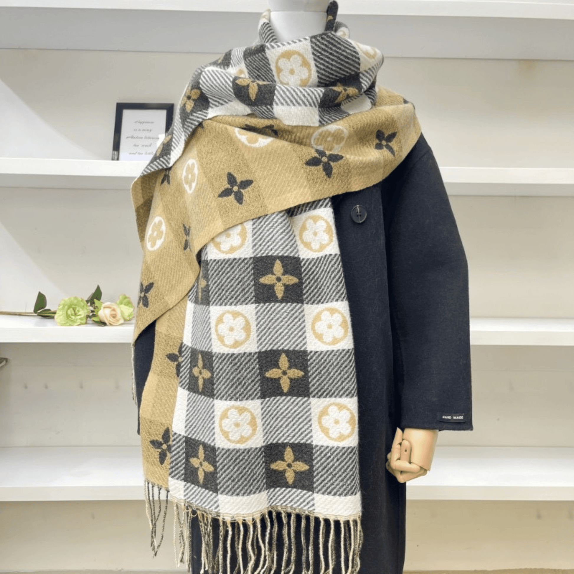 Reversible plaid scarf with tassels, featuring a lightweight and cozy design, made from a soft fabric blend, perfect for winter styling. 8