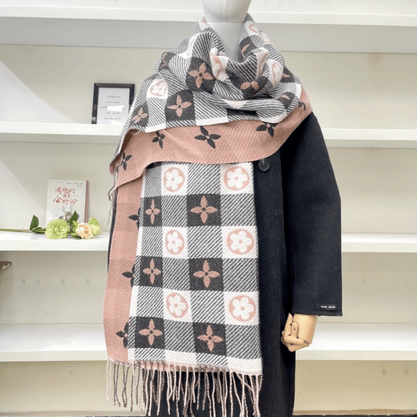 Reversible plaid scarf with tassels, featuring a lightweight and cozy design, made from a soft fabric blend, perfect for winter styling. 9