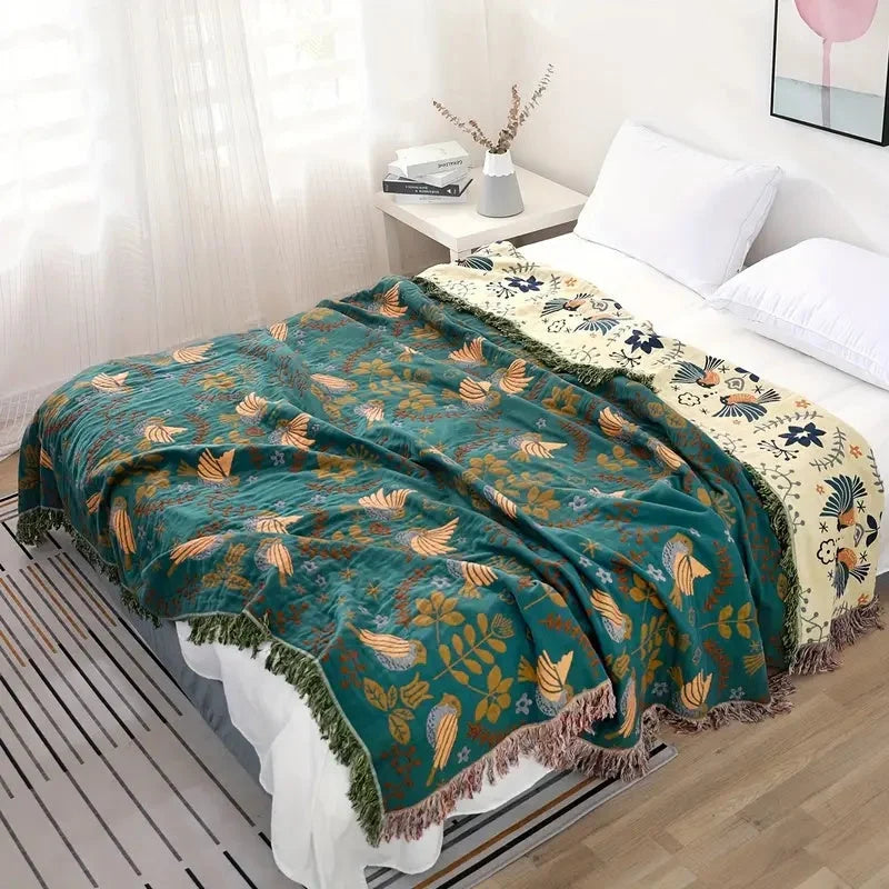 Reversible Scandinavian bird print throw blanket in multicolor, perfect for outdoor use, showcasing a vibrant design with birds and nature motifs. 3