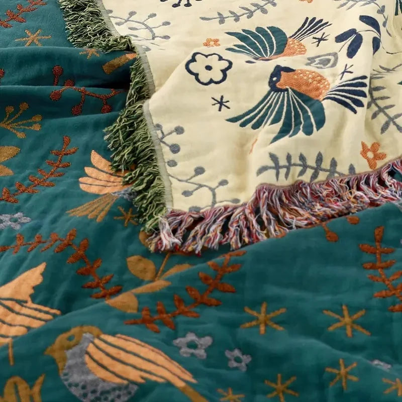 Reversible Scandinavian bird print throw blanket in multicolor, perfect for outdoor use, showcasing a vibrant design with birds and nature motifs. 5