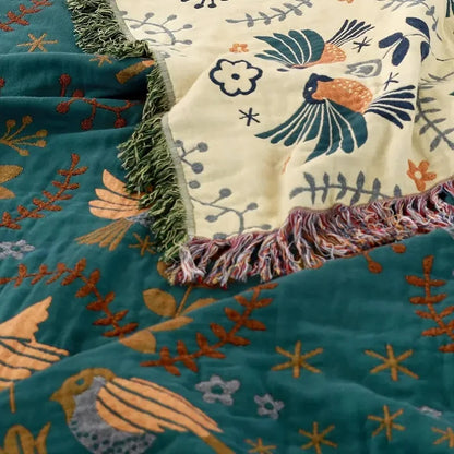 Reversible Scandinavian bird print throw blanket in multicolor, perfect for outdoor use, showcasing a vibrant design with birds and nature motifs. 5