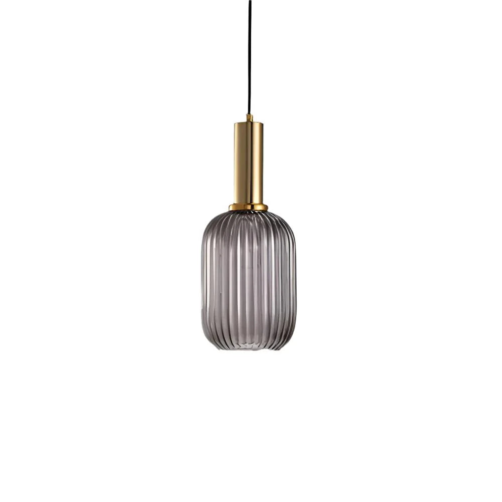 Ribbed glass pendant lights featuring a modern metal tube fitting, providing a warm ambient glow ideal for kitchen and dining spaces. 0