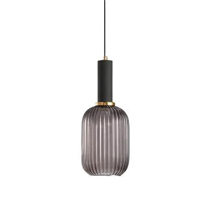 Ribbed glass pendant lights featuring a modern metal tube fitting, providing a warm ambient glow ideal for kitchen and dining spaces. 12