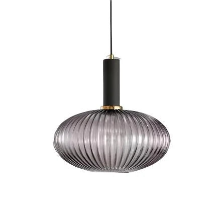 Ribbed glass pendant lights featuring a modern metal tube fitting, providing a warm ambient glow ideal for kitchen and dining spaces. 13