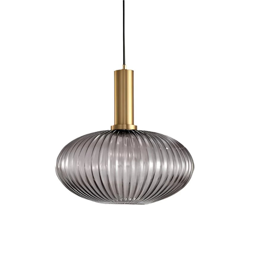 Ribbed glass pendant lights featuring a modern metal tube fitting, providing a warm ambient glow ideal for kitchen and dining spaces. 14