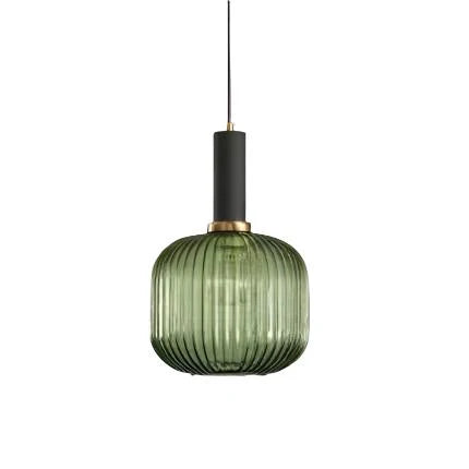 Ribbed glass pendant lights featuring a modern metal tube fitting, providing a warm ambient glow ideal for kitchen and dining spaces. 19