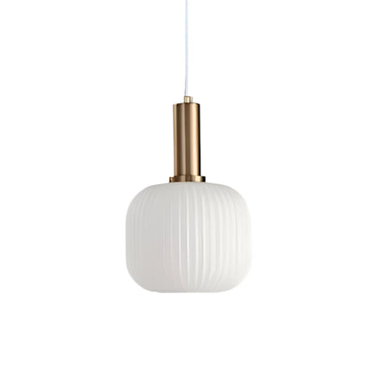 Ribbed glass pendant lights featuring a modern metal tube fitting, providing a warm ambient glow ideal for kitchen and dining spaces. 20