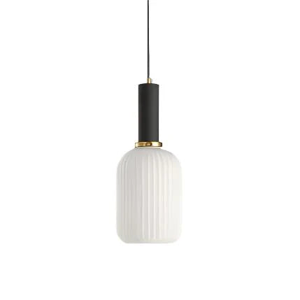 Ribbed glass pendant lights featuring a modern metal tube fitting, providing a warm ambient glow ideal for kitchen and dining spaces. 24
