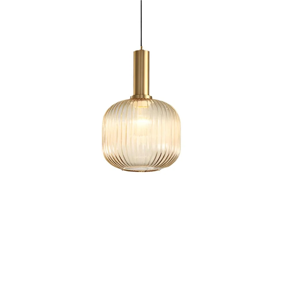 Ribbed glass pendant lights featuring a modern metal tube fitting, providing a warm ambient glow ideal for kitchen and dining spaces. 25