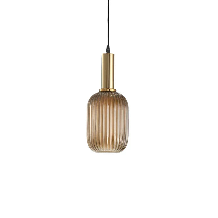 Ribbed glass pendant lights featuring a modern metal tube fitting, providing a warm ambient glow ideal for kitchen and dining spaces. 9