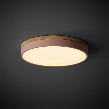Round flush mount ceiling light featuring a sleek modern design, dimmable LED functionality, and an elegant wood trim, perfect for enhancing the ambiance of your 0