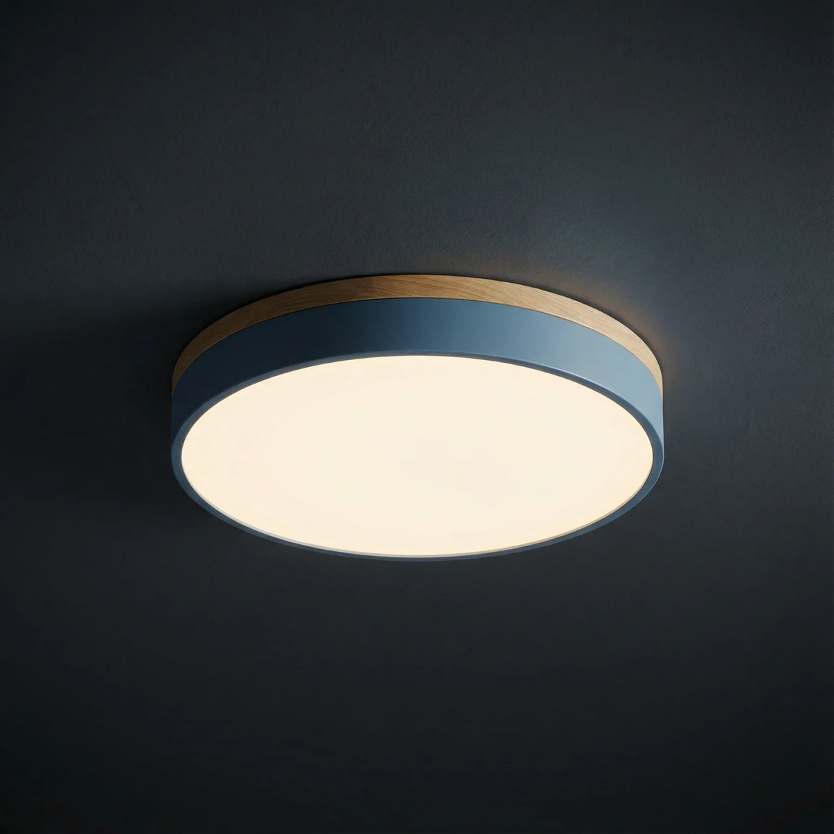 Round flush mount ceiling light featuring a sleek modern design, dimmable LED functionality, and an elegant wood trim, perfect for enhancing the ambiance of your 2