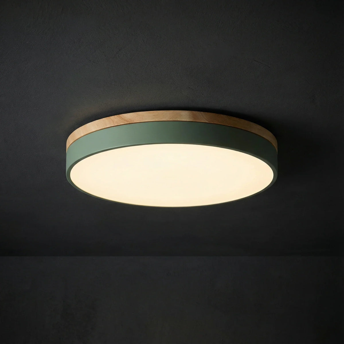 Round flush mount ceiling light featuring a sleek modern design, dimmable LED functionality, and an elegant wood trim, perfect for enhancing the ambiance of your 3