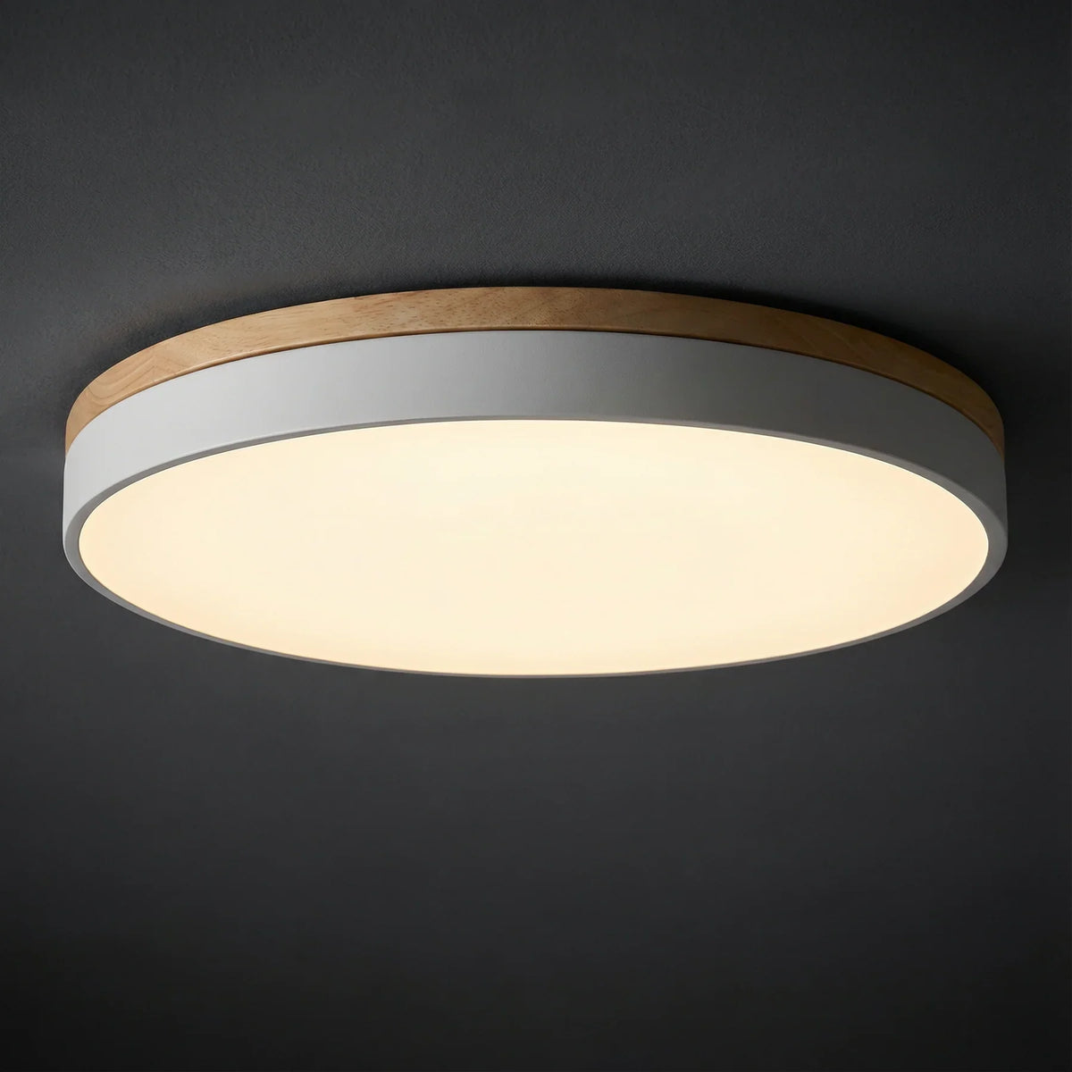 Round flush mount ceiling light featuring a sleek modern design, dimmable LED functionality, and an elegant wood trim, perfect for enhancing the ambiance of your 4