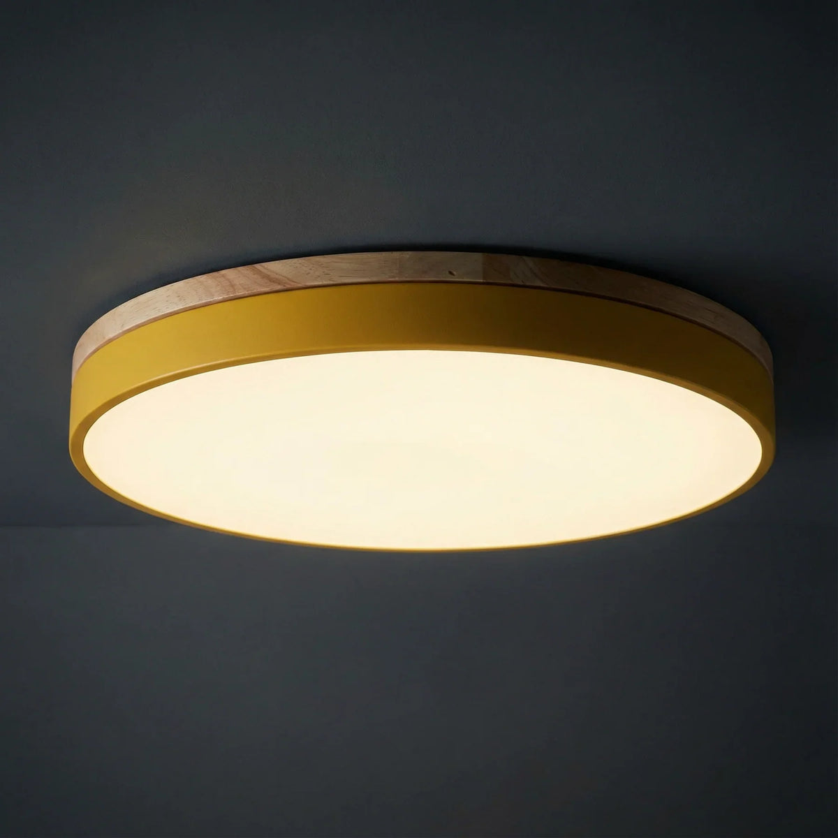 Round flush mount ceiling light featuring a sleek modern design, dimmable LED functionality, and an elegant wood trim, perfect for enhancing the ambiance of your 5
