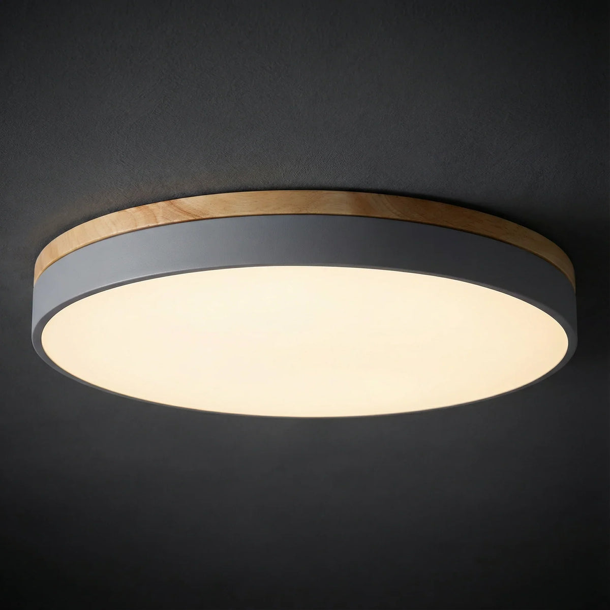 Round flush mount ceiling light featuring a sleek modern design, dimmable LED functionality, and an elegant wood trim, perfect for enhancing the ambiance of your 6