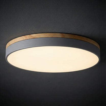 Round flush mount ceiling light featuring a sleek modern design, dimmable LED functionality, and an elegant wood trim, perfect for enhancing the ambiance of your 6