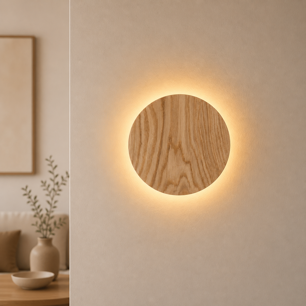 Round Oak Wall Light featuring Soft Indirect Lighting in a Minimalist Scandinavian Design, available in 22cm and 28cm diameter options. 0