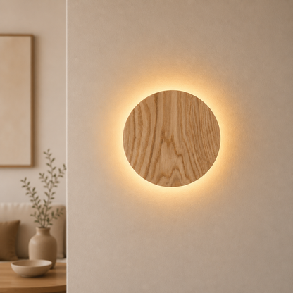 Round Oak Wall Light featuring Soft Indirect Lighting in a Minimalist Scandinavian Design, available in 22cm and 28cm diameter options. 0