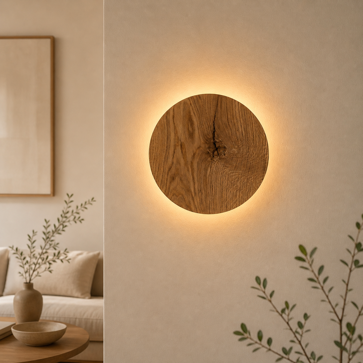 Round Oak Wall Light featuring Soft Indirect Lighting in a Minimalist Scandinavian Design, available in 22cm and 28cm diameter options. 1
