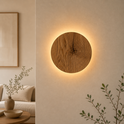 Round Oak Wall Light featuring Soft Indirect Lighting in a Minimalist Scandinavian Design, available in 22cm and 28cm diameter options. 1