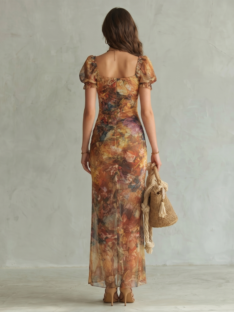 Ruffled sleeve midi dress with front slit, featuring a lightweight tailored fit for women, perfect for casual or formal occasions. 3