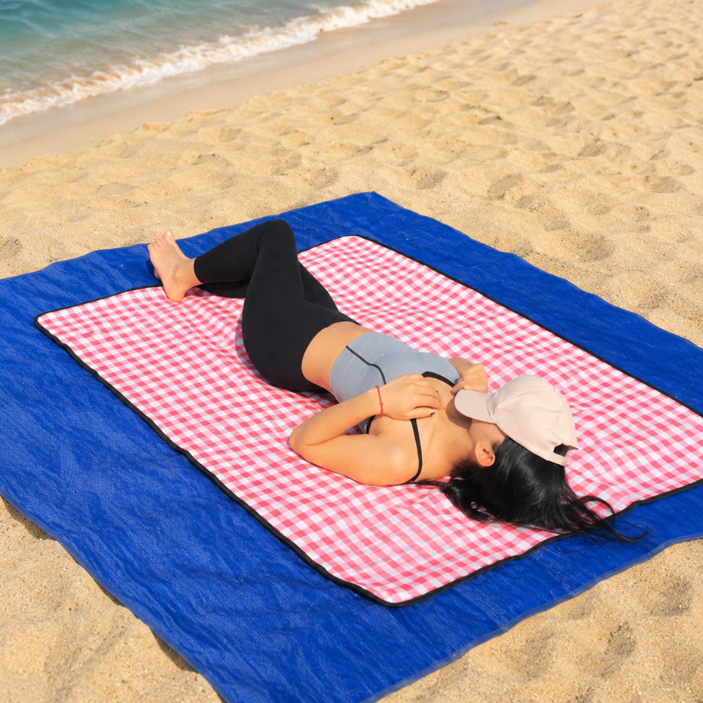 Sand-free beach mat made from moisture-resistant fabric, designed for outdoor use at the beach or picnics, available in multiple sizes, lightweight and easy 4